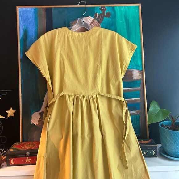 Vintage Boho Prairie Yellow Mustard Midi Dress with Fruit Healthy Life Logo M - Picture 13 of 16